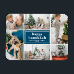 Lycklig Hanukkah Typography Blue Photo Collage Magnet<br><div class="desc">Lycklig Hanukkah! Skicka helgdag önskemål och hälsning med den här moderna och snyggt helgdag fotomagnet. Den har återformig fet typografi. Anpassa genom att lägga till dina favoritfoton,  hälsning,  namn och annan information. Texterna är helt redigerbara - tillgängliga som platta,  vikta och vykort.</div>