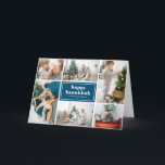 Lycklig Hanukkah Typography Photo Collage Blue Helgkort<br><div class="desc">Lycklig Hanukkah! Skicka helgdag önskemål och hälsning med det här moderna och snyggt helgdag-fotokortet. Den har återformig typografi med blå diagonal rand mönster. Anpassa genom att lägga till dina favoritfoton,  hälsning,  namn och annan information. Texterna är helt redigerbara. Finns som ett platta kort,  ett vikt kort och ett vykort.</div>