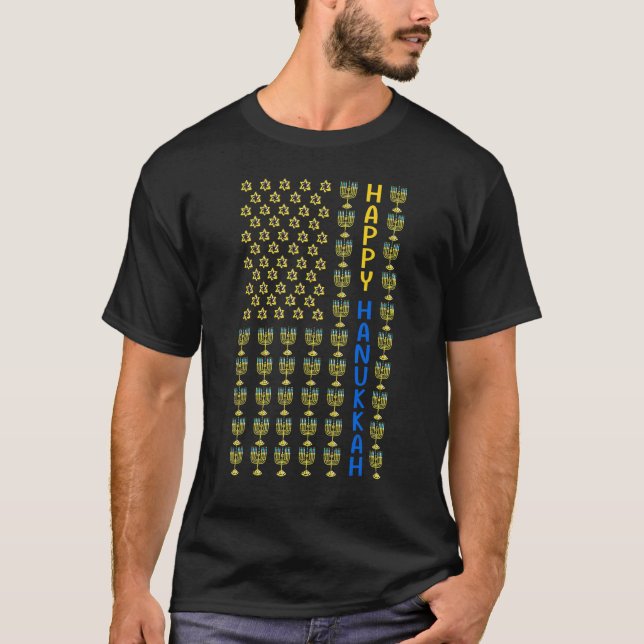 Lycklig HANUKKAH USA flagga med Menorahs Jewish Ho T Shirt (Framsida)