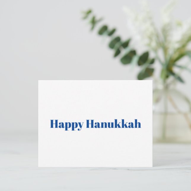 Lycklig Hanukkah vit blå typografi minimalist Helg Vykort (Stående Fram)
