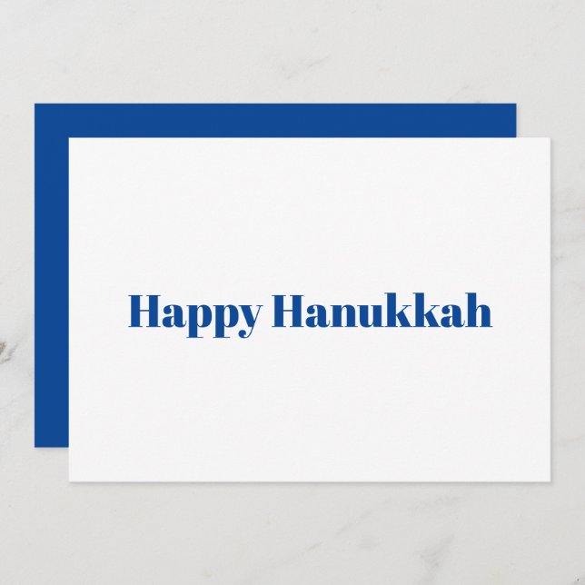 Lycklig Hanukkah vit blå typografi minimalist Julkort (Fram/baksida)