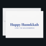 Lycklig Hanukkah, vit blått, minimalistisk anpassn Julkort<br><div class="desc">Lycklig Hanukkah Blue and white modern typography minimalist simple elegant personlig Hanukkah Helgdag Card. Helt anpassade blå text på vit bakgrund.</div>