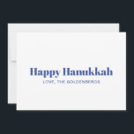 Lycklig Hanukkah, vit blått, minimalistisk anpassn Julkort<br><div class="desc">Lycklig Hanukkah Blue and white modern typography minimalist simple elegant personlig Hanukkah Helgdag Card. Helt anpassade blå text på vit bakgrund.</div>