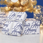 Lycklig Hanukkah, vitt och marint blått elegant, s Presentpapper<br><div class="desc">Lycklig Hanukkah marinblå och vit judisk Helgdag-elegant-manusgåva Papper. Mörk marin blåskript,  typografi mönster på vit bakgrund färg.</div>