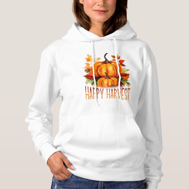 "Lycklig Harvest" Watercolor Pumpkin & Höst löv T Shirt (Framsida)
