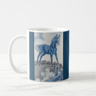 lycklig häst i blått kaffemugg