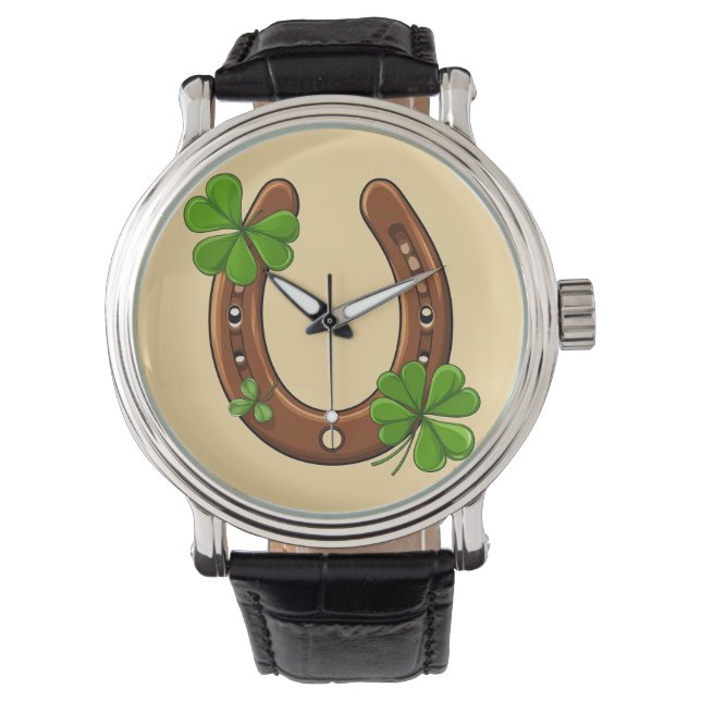 Lycklig Hästsko Med Gröna Shamrocks Armbandsur (Framsida)