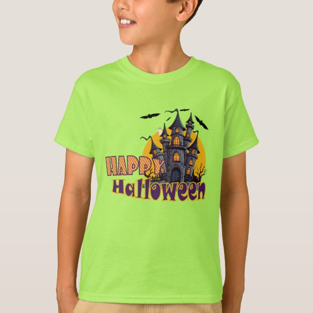 Lycklig Haunted House Halloween Spooky T Shirt (Framsida)