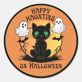 Lycklig Haunting Black Cat Halloween Sticker Runt Klistermärke
