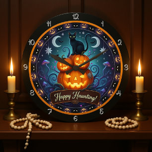 Lycklig Haunting Black Cat Pumpkin Stor Klocka
