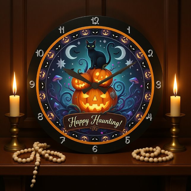 Lycklig Haunting Black Cat Pumpkin Stor Klocka (Skapare uppladdad)