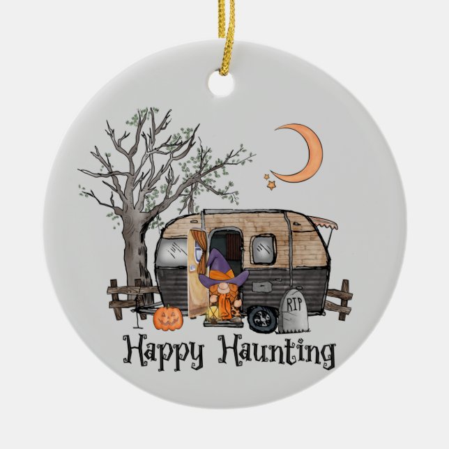 Lycklig Haunting | Halloween Camper | Spooky Witch Julgransprydnad Keramik (Framsidan)
