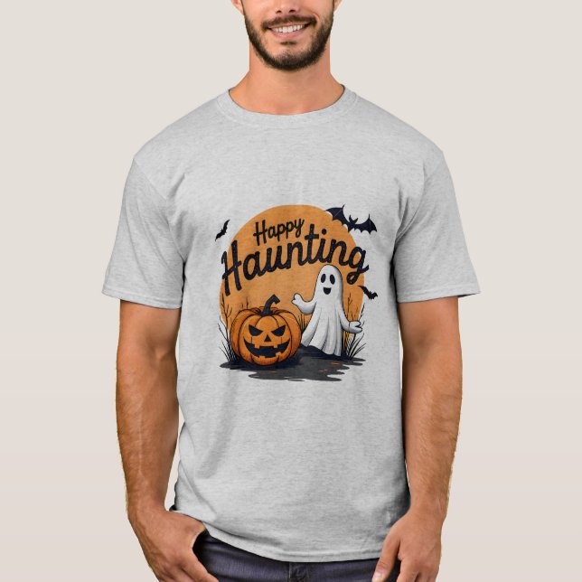 Lycklig Haunting Halloween Design T Shirt (Framsida)
