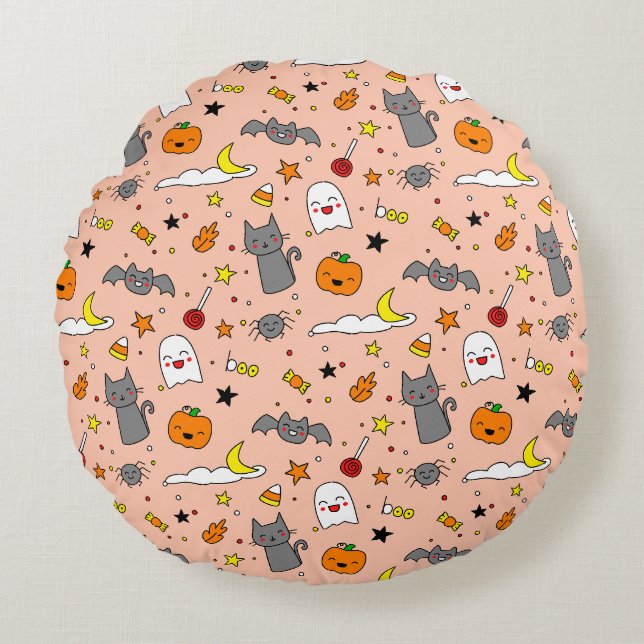 Lycklig Haunting Halloween Rund Kudde (Framsidan)