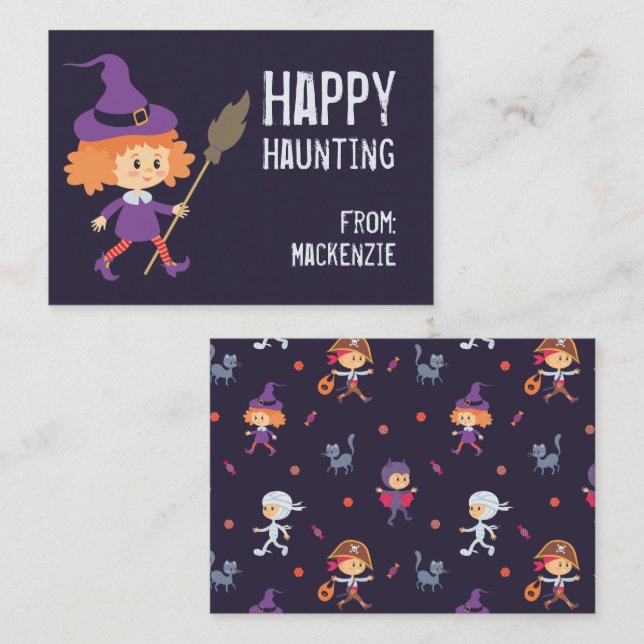 Lycklig Haunting Witch Halloween-klassrumskort Visitkort (Fram/baksida)
