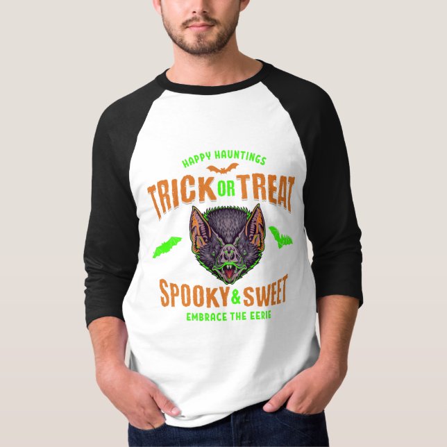 Lycklig Hauntings | Bus eller godis Halloween Flad T Shirt (Framsida)