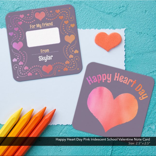 Lycklig Heart Day Rosa Iridescent School Valentine Anteckningskort (Happy Heart Day Kid's School Valentine Card: Lavender with Pink and Peach Iridescent Metallic Look.)