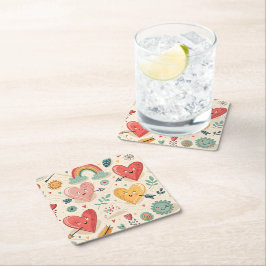 Lycklig Hearts - Whimsical Valentine Day Mönster Underlägg Papper Kvadrat