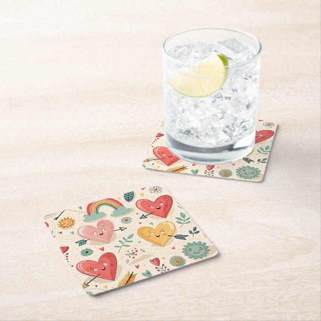 Lycklig Hearts - Whimsical Valentine Day Mönster Underlägg Papper Kvadrat (Insitu)