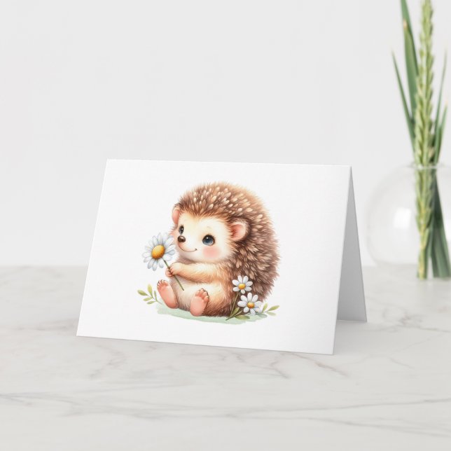 Lycklig Hedgehog med Daisy Cute Blank Hälsning Kort (Framsida)