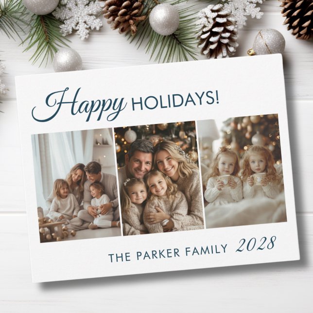 Lycklig Helgdag! 3 foto, vitt,Minimal Julkort (Happy Holidays! 3 Photo, White, Blue, Minimal, Modern Holiday Card)