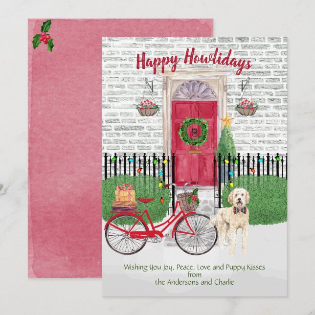 Lycklig Helgdag Goldendoodle Bicycle Red Door (Fram/baksida)