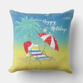 Lycklig Helgdag Santa Hat Snö Flakes Beach Thmet Kudde