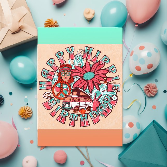Lycklig Hippie Birthday Retro Kort (Skapare uppladdad)