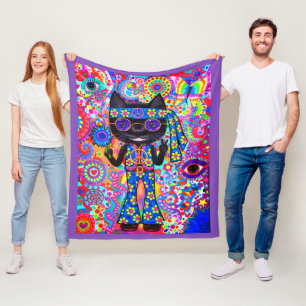 Lycklig Hippie Cat Sunglass, Fredstecken blomma Fleecefilt