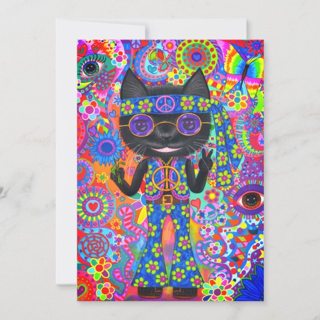 Lycklig Hippie Cat Sunglass, Fredstecken blomma Inbjudningar (Framsida)