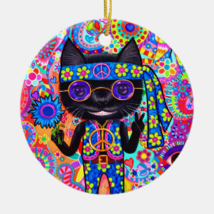 Lycklig Hippie Cat Sunglass, Fredstecken blomma Julgransprydnad Keramik
