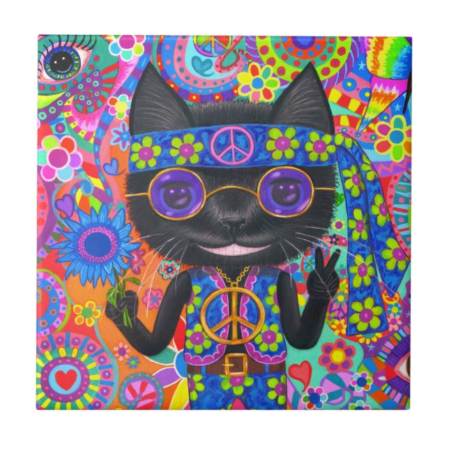 Lycklig Hippie Cat Sunglass, Fredstecken blomma Kakelplatta (Framsidan)