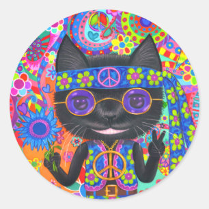 Lycklig Hippie Cat Sunglass, Fredstecken blomma Runt Klistermärke