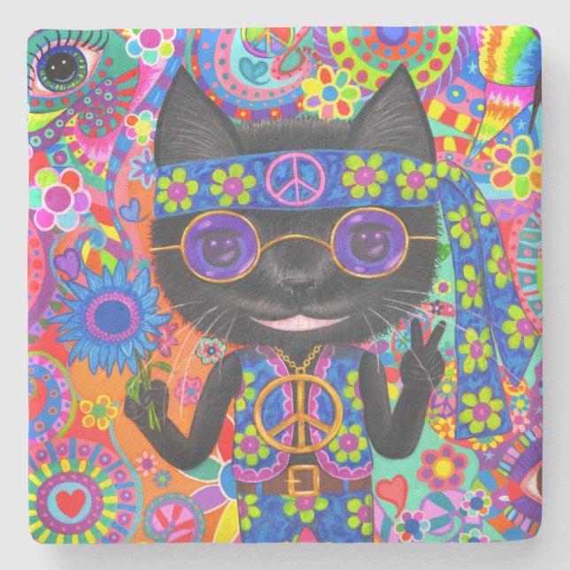 Lycklig Hippie Cat Sunglass, Fredstecken blomma Stenunderlägg (Framsidan)