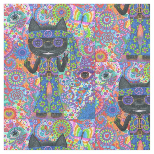 Lycklig Hippie Cat Sunglass, Fredstecken blomma Tyg (Närbild)