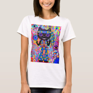 Lycklig Hippie Cat Sunglass Fredstecken Blommor på T Shirt