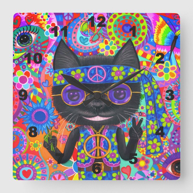 Lycklig Hippie Cat Sunglass Fredstecken Flower Cut Fyrkantig Klocka (Framsida)