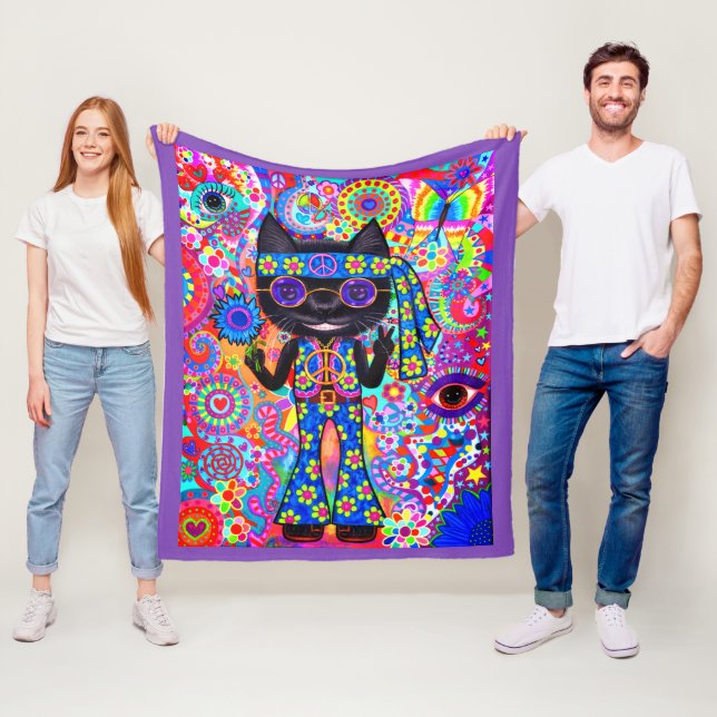 Lycklig Hippie Cat Sunglass Fredstecken Flower Fleecefilt (På plats)