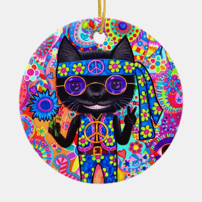 Lycklig Hippie Cat Sunglass Fredstecken Flower Julgransprydnad Keramik (Framsidan)