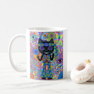 Lycklig Hippie Cat Sunglass Fredstecken Flower Kaffemugg