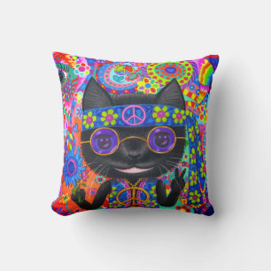 Lycklig Hippie Cat Sunglass Fredstecken Flower Kudde
