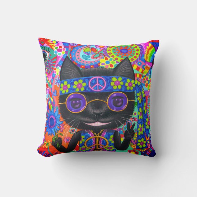 Lycklig Hippie Cat Sunglass Fredstecken Flower Kudde (Framsida)