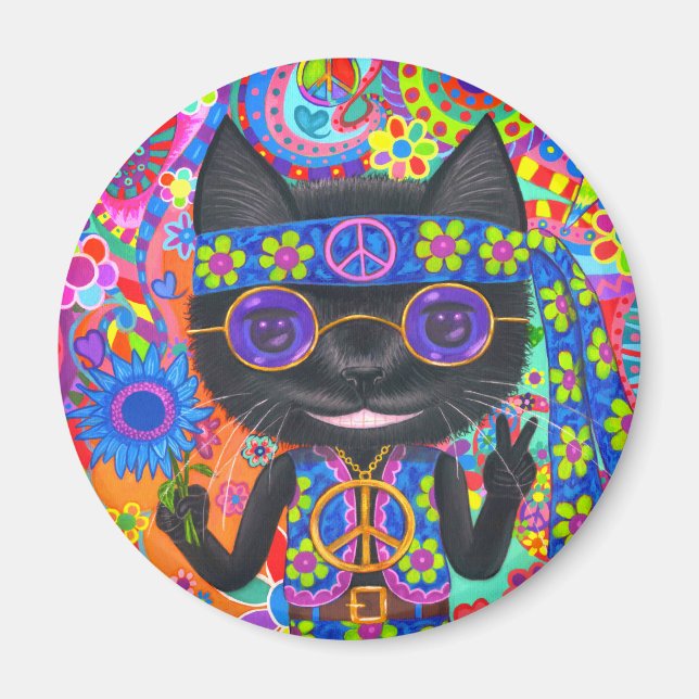 Lycklig Hippie Cat Sunglass Fredstecken Flower Magnet (Framsidan)