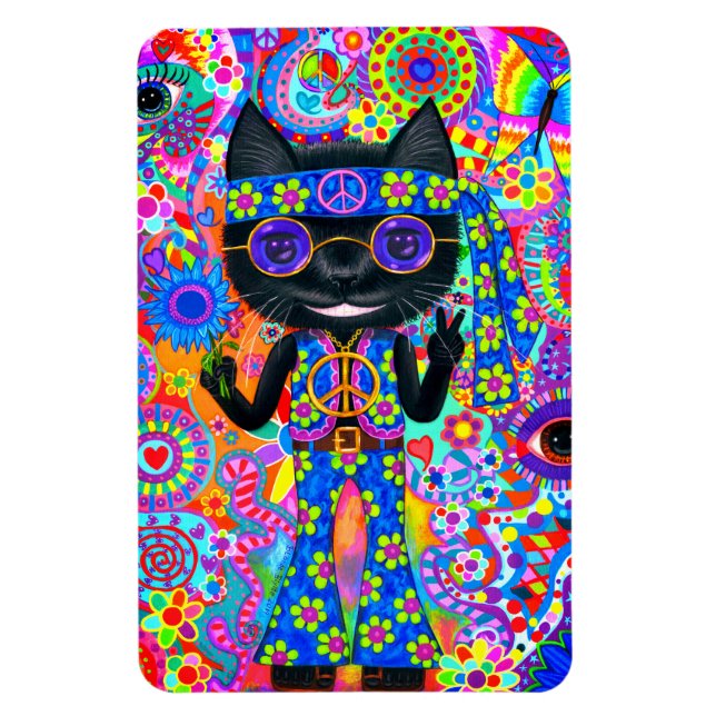 Lycklig Hippie Cat Sunglass Fredstecken Flower Magnet (Vertikal)