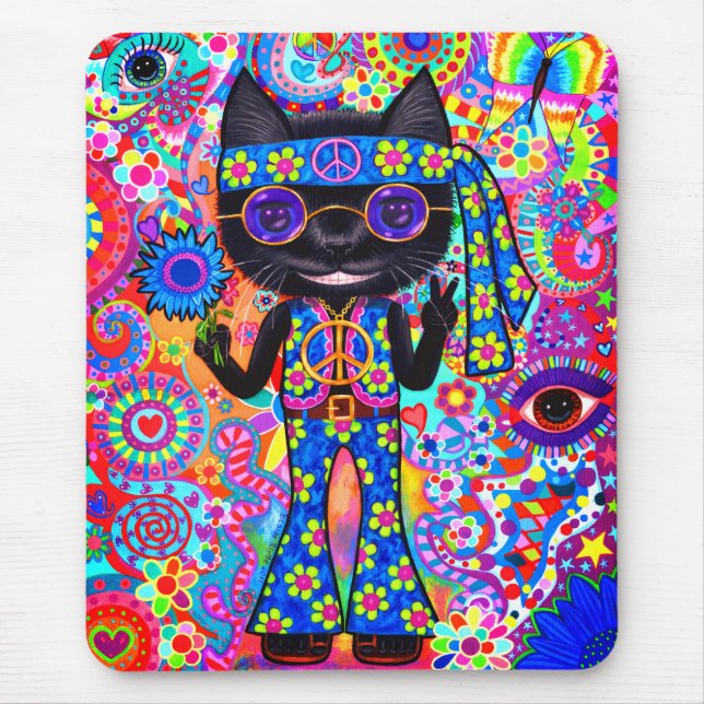 Lycklig Hippie Cat Sunglass Fredstecken Flower Musmatta (Framsidan)