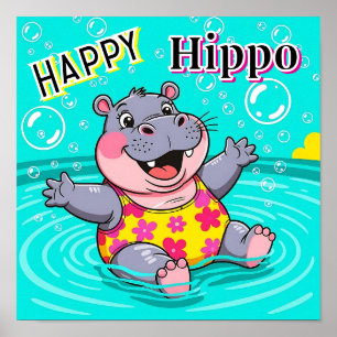 Lycklig Hippo   Cute Tecknad Barn Nursery Art Poster