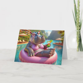 Lycklig Hippo med dryck från födelsedagen Kort