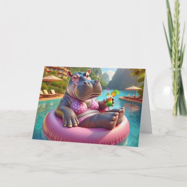 Lycklig Hippo med dryck från födelsedagen Kort (Framsida)