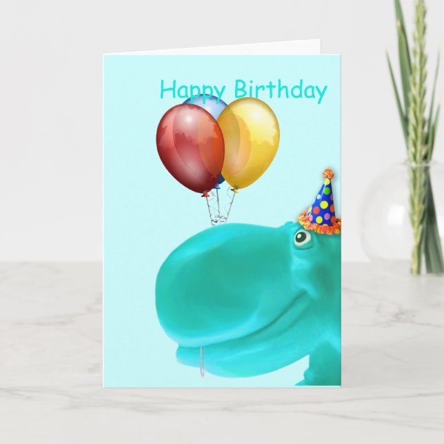 Lycklig Hippo Teal Birthday Kort (Framsida)