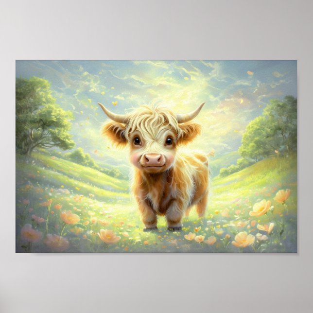 Lycklig höglandskö omringad av brant Blommar Poster (Framsidan)